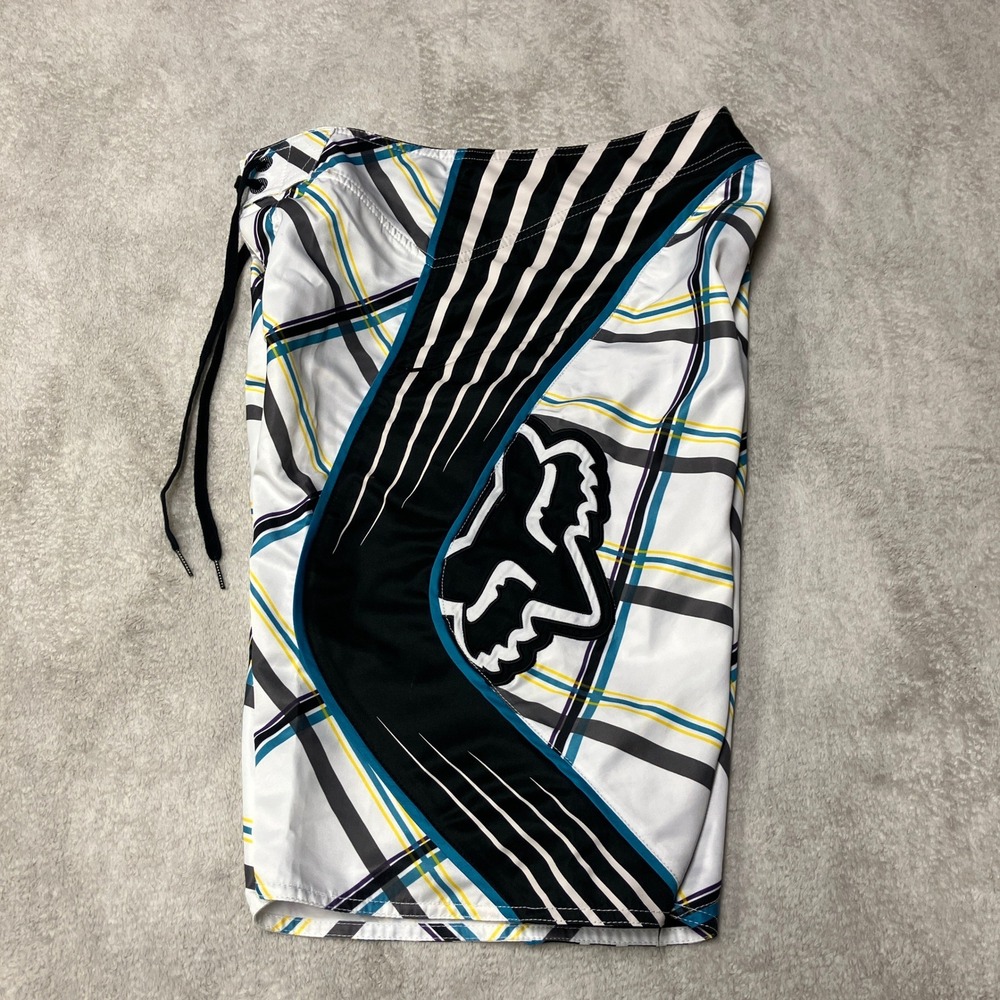 Y2K Fox Racing Board Shorts Plaid Geometric Abstract Big Logo Mens